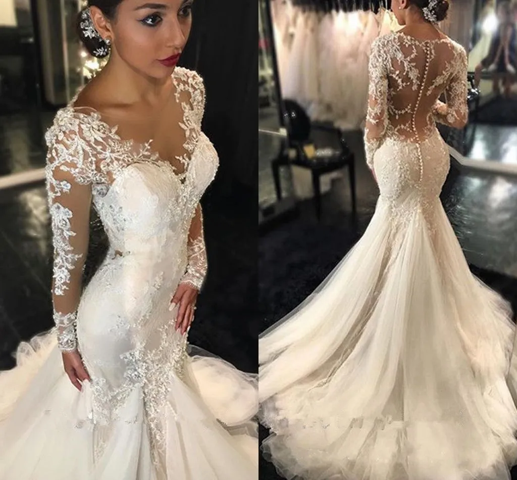 robe de mariee 2019 Vintage Appliques V neck Lace Wedding Dress Mermaid Long Sleeve Princess Bridal Dresses Wedding Gowns vestidos