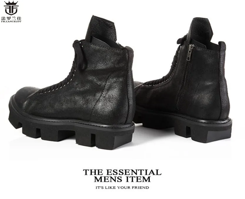2019 Fashion Men Black Leather Boots High End Cool Boots Thick