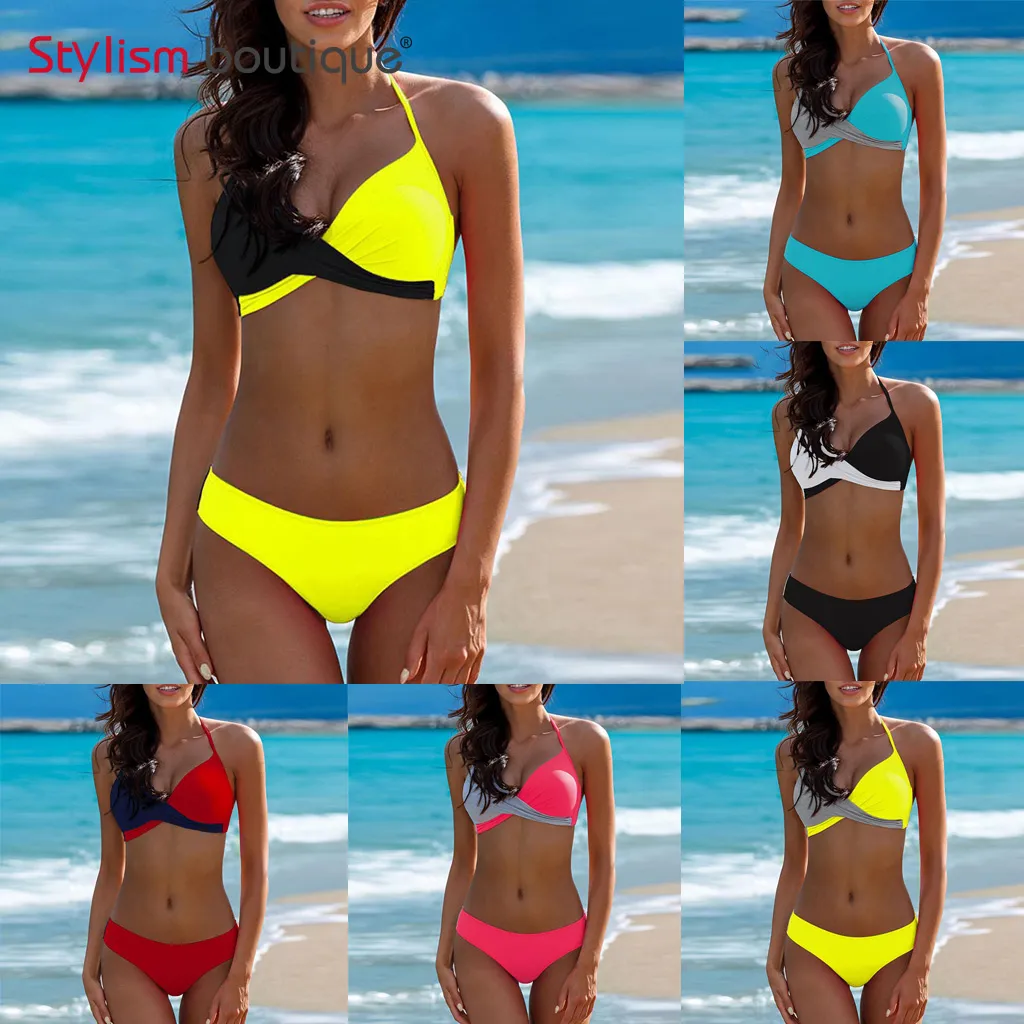 2019 Sexy Solid Bikinis Patchwork Kobiety Swimsuit Halter Push Up Kostiumy kąpielowe Criss Cross Swimwear Maillot de Bain Femme