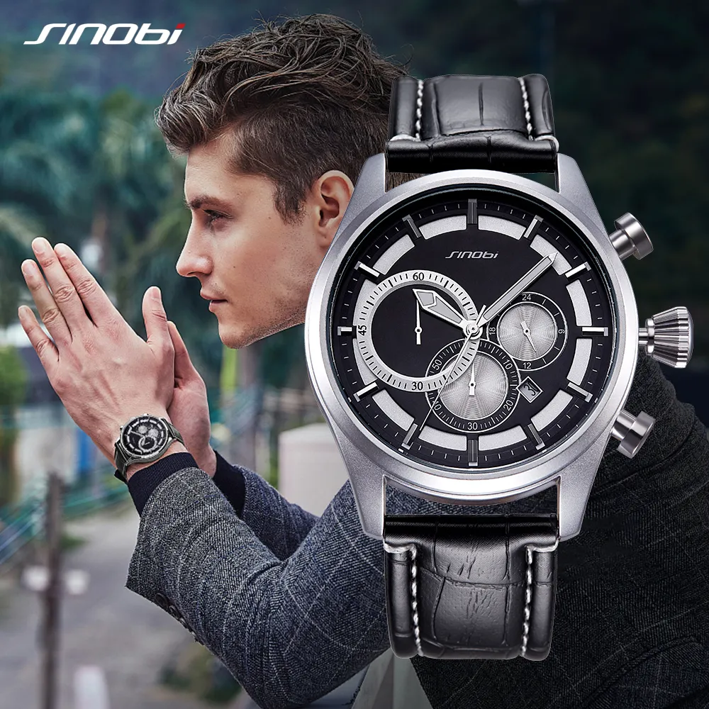 Relogio SINOBI New Creative Watches Men Fashion Leather Strap Chronograph Men Watches Male Big Dial Sports Quartz Analog Clock