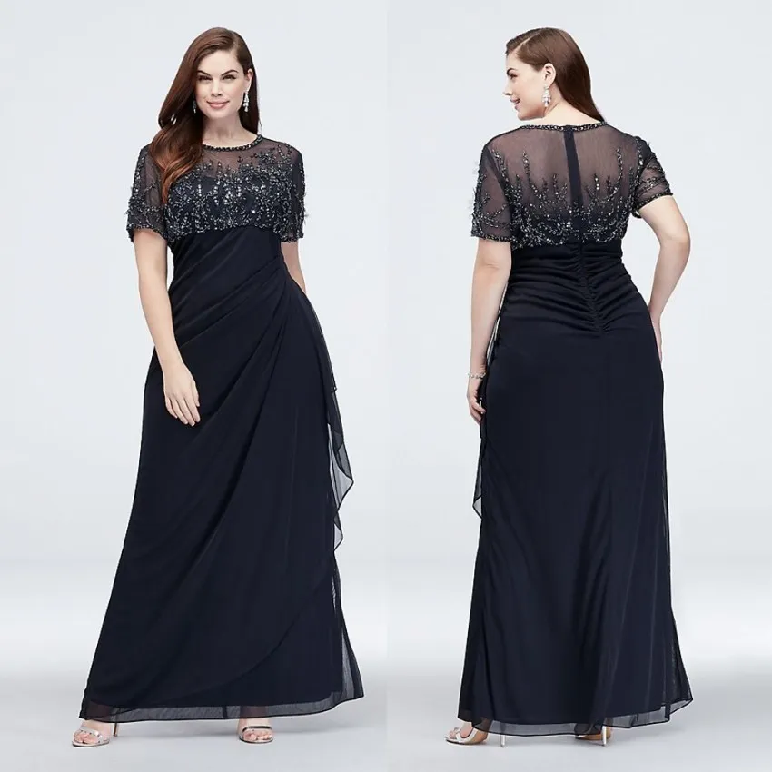 Black Sequined Plus Size Evening Dresses Sheer Jewel Neck A Line Short Sleeves Beaded Prom Gowns Floor Length Chiffon Formal Dress