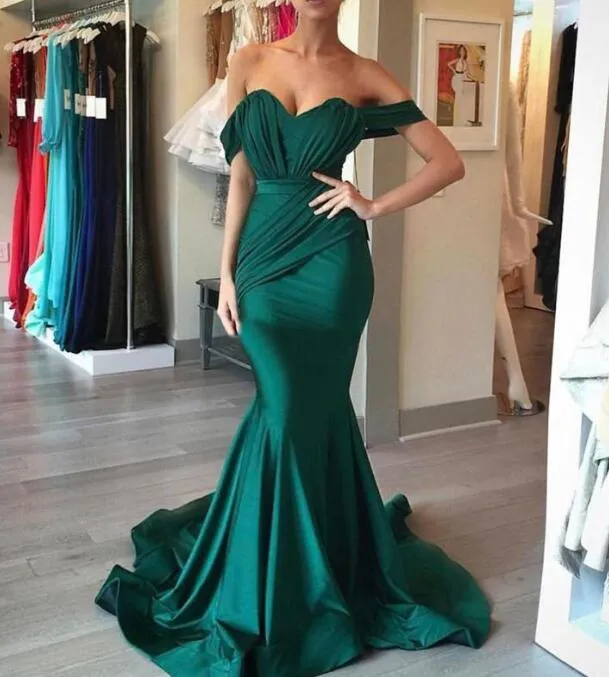 Off-Shoulder Emerald Green Mermaid Emerald Satin Bridesmaid Dresses with Ruffles - Affordable Wedding, Prom, and Evening Gown for Junior Maid of Honor