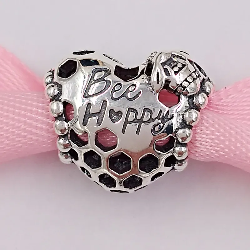 Andy Jewel Pandora Authentic 925 Sterling Silver Beads Bee Happy Honeycomb Heart Charm Charms Fits European Pandora Style Jewelry Bracelets Necklace