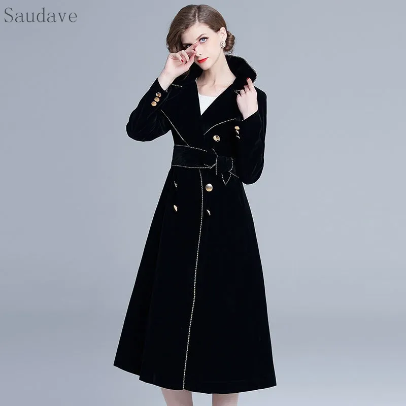 New Inverno Inglaterra Estilo Mulheres Casaco de Veludo Preto Revestido Quente Longo Longo Elegante Vestido Feminino Casacos Mulheres Vestido