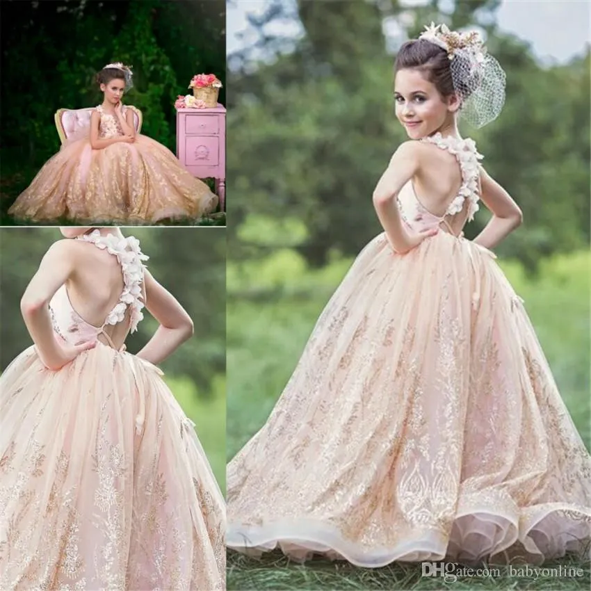 Vestido de fiesta dorado Vestidos para niñas Princesa Spaghetti Sin mangas Apliques Bordado 3D Volantes Largo Niños Niño Cumpleaños Comunión Vestido