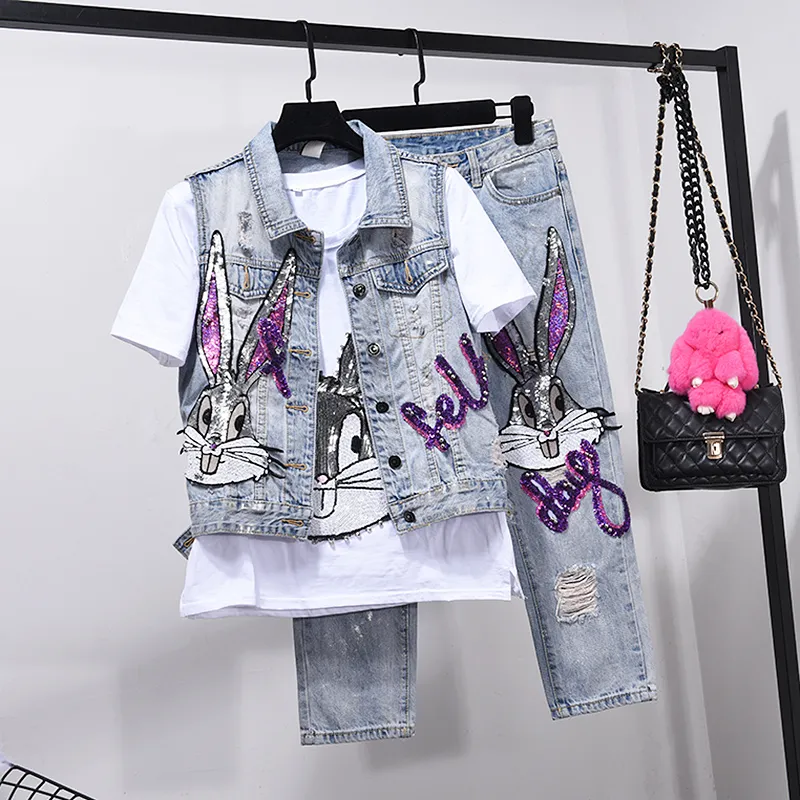 European Style Hole Jeans Set Womens Two Piece Sets Spring Summer Outfits New Vest Coat + Seven Point Denim Pants Girls Students