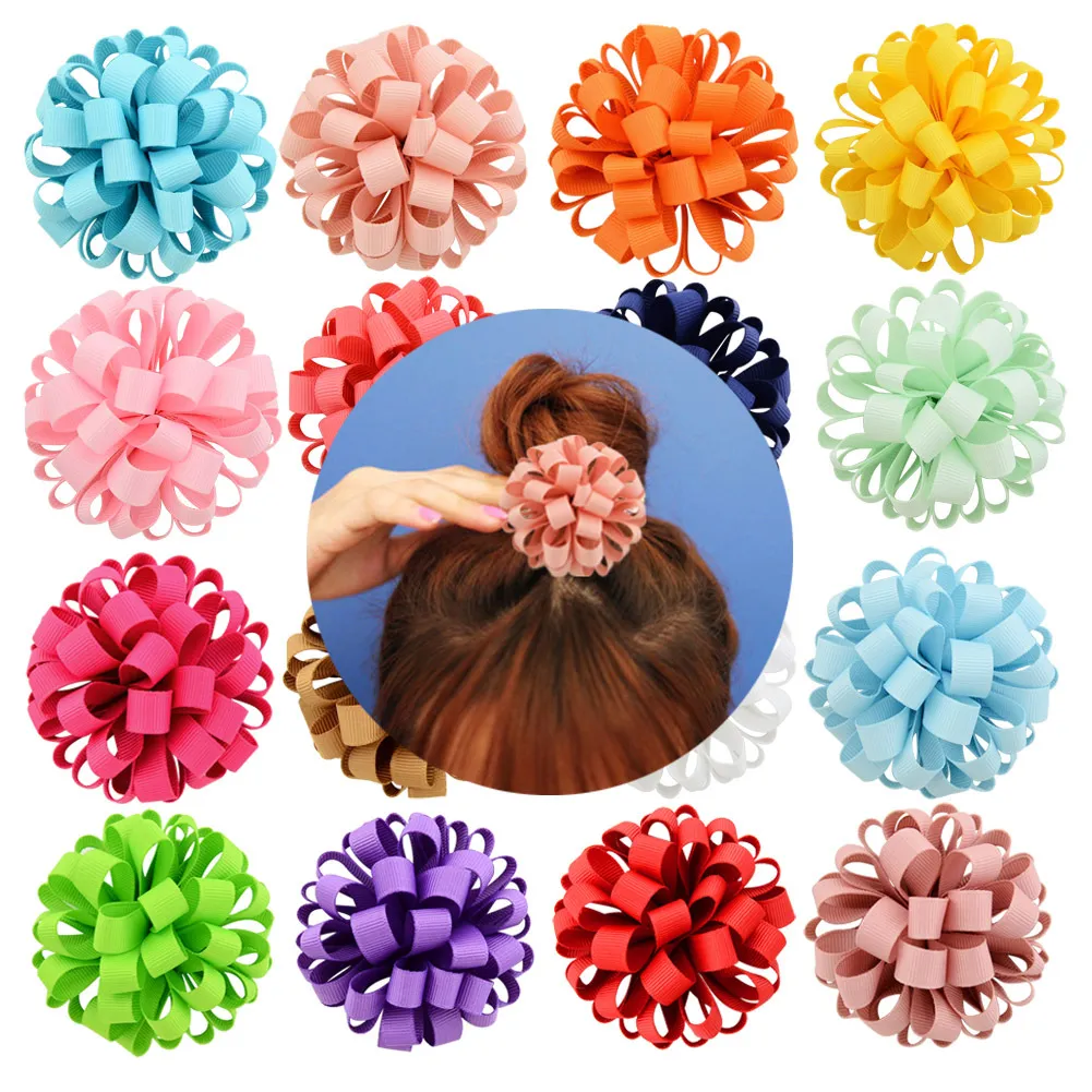 Barn blomma hår båge clip loopy band boll färg blandad loop boll för tjejer baby barn hår tillbehör hd813