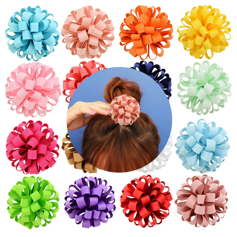 Children Flower Hair Bow Clip Loopy Ribbon ball color mixed Loop Ball for Girls Baby child hair accessories HD813