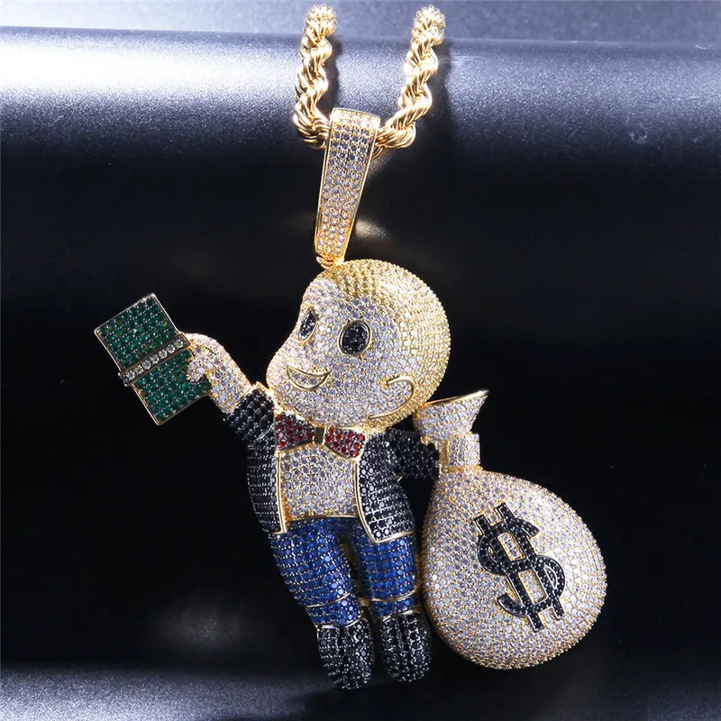 Europe and America Mens Necklace Jewelry Gold Silver Color CZ Cartoon Pendant Necklace with Rope Chain for Men Women