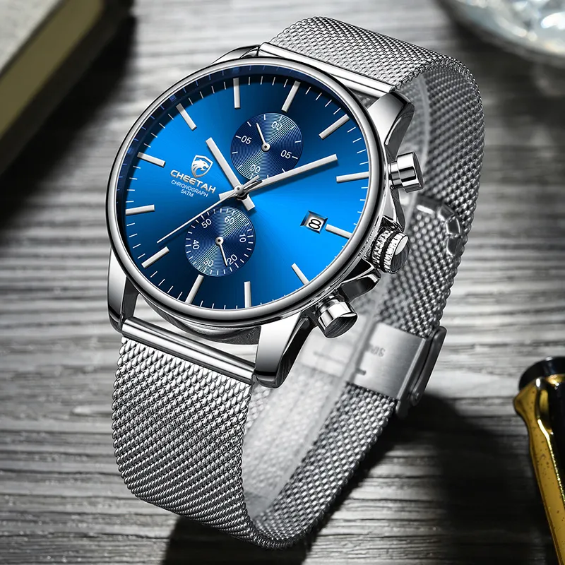 Montre homme nouveau CHEETAH Top marque en acier inoxydable étanche chronographe montres hommes d'affaires bleu Quartz montre-bracelet reloj hombre305i
