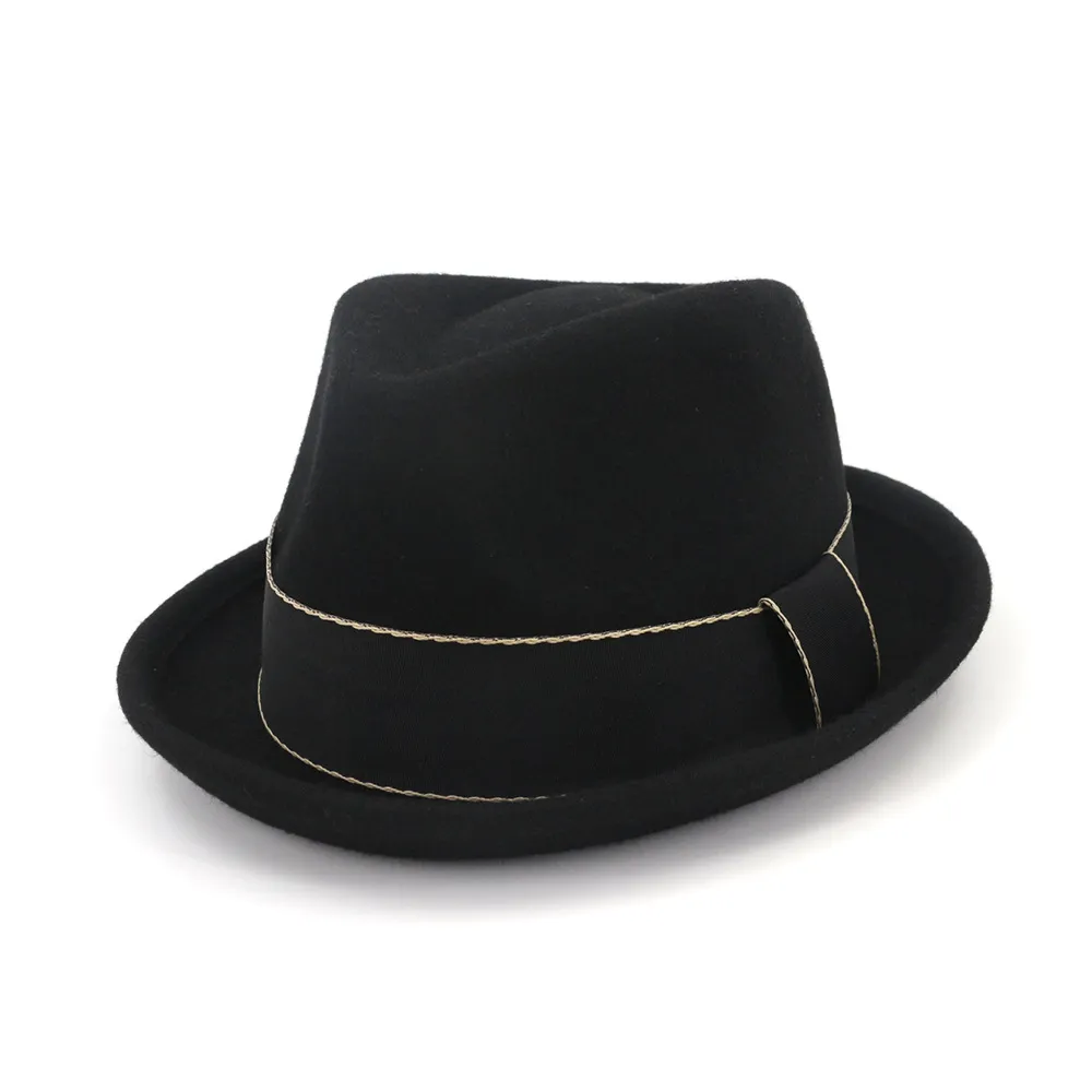 Chapeaux Fedora en feutre de laine à bord rabattable pour hommes et femmes, avec ruban, casquette Trilby de Jazz, noir Homburg, église, Hat330p