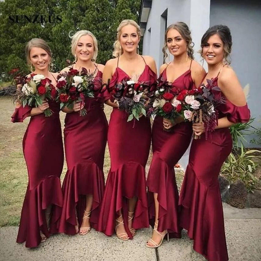 2019 Dark Red Bridesmaid Dresses High Low Spaghetti Straps V-neck Tea Length Mermaid Wedding Party Gowns Fashion Boho Maid Of Hono220S