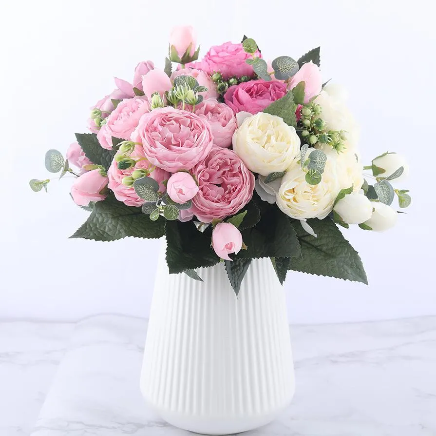 30cm Rose Pink Silk Peony Artificial Flowers Bouquet 5 Groot Hoofd en 4 Bud Fake Flowers voor Home Bruiloft Decoratie Indoor Holding Flowers