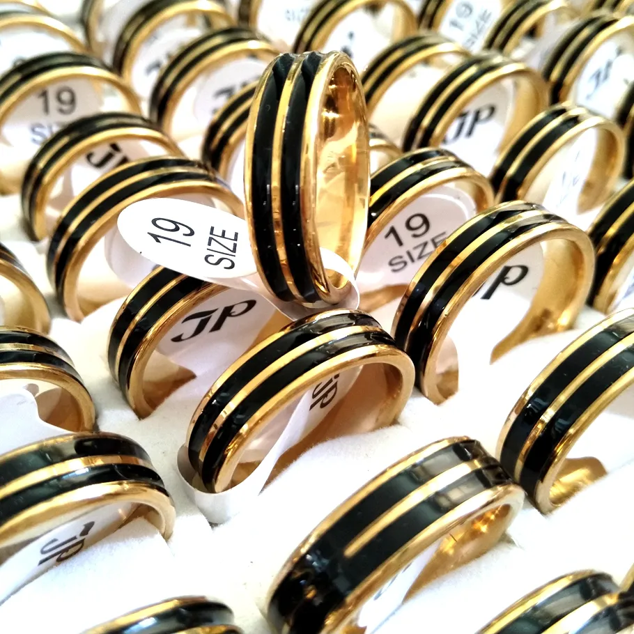 30pcs Gold Wide 6mm 316L Stainless Steel Rings With Black Enamel Unisex Wedding Classic Ring Men Women Gift Party Jewelry Wholesale Lots