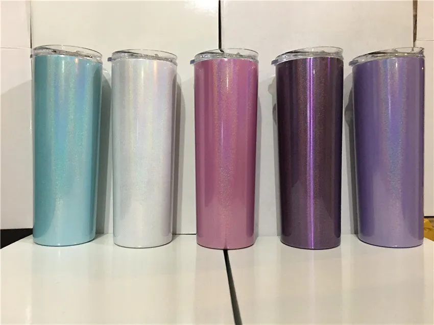 20oz gnista skinny tumbler 20oz rostfritt stål vin tumblers med lock halm dubbelvägg vakuum isolerad dryck kopp regnbåge rak cupa07