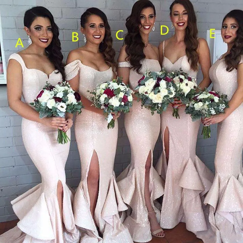 2020 Sexiga Bling Sequined Bridesmaid Dresses Five Styles Side Split Ruched Golv Längd Evening Klänningar Mermaid Open Back Maid of Honor Gowns