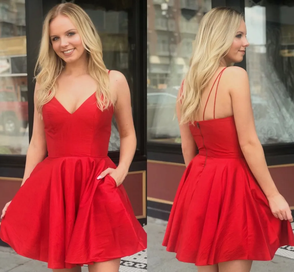 Red Spaghetti Straps Satin A-Line Homecoming Dresses 2020 Cheap Ruched Pocket Knee Length Short Party Prom Graduation Dresses BM1547