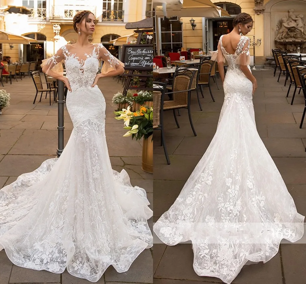 2020 Amazing Juliet Short Sleeve Mermaid Wedding Dresses Luxury Lace 3d Floral Applique Scoop Open Back Berta Wedding Dress Bridal Gowns