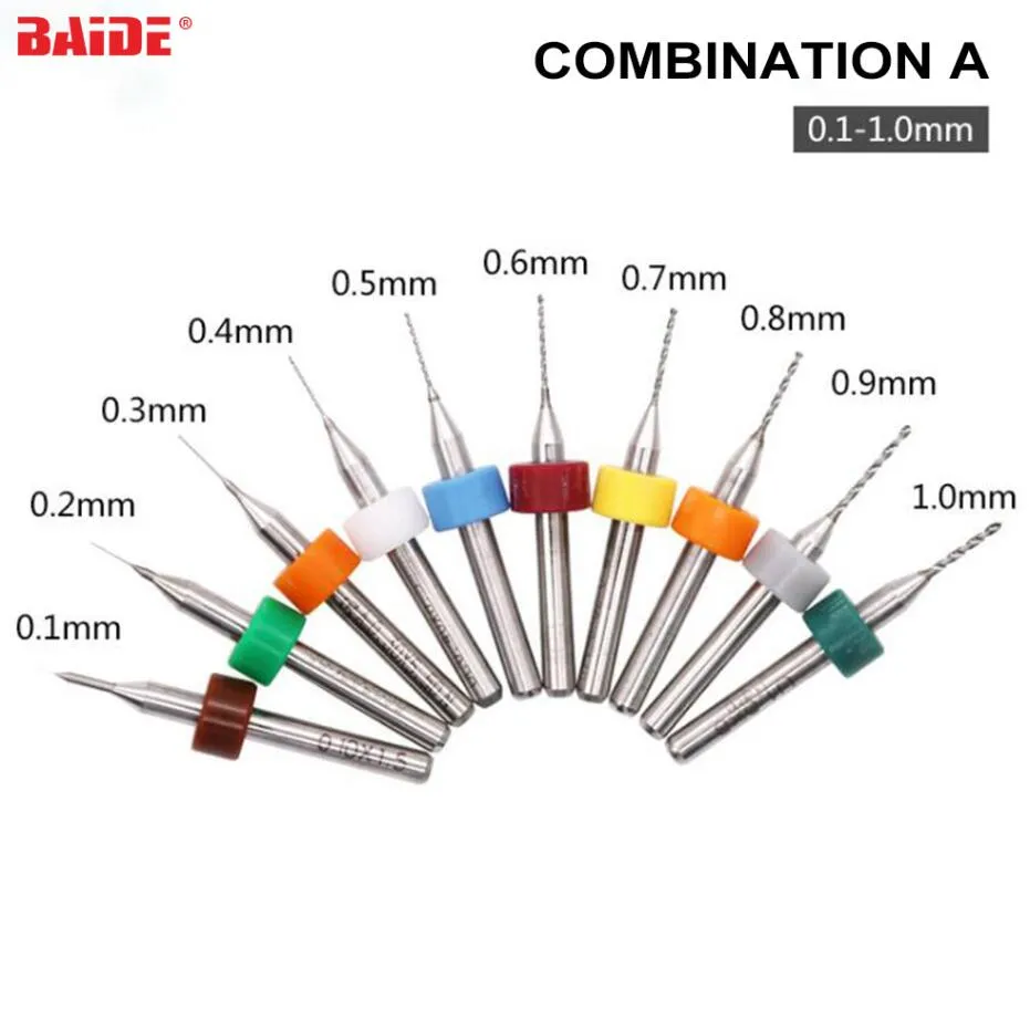 10st / set 0.1mm - 1.0mm 1.1 - 2mm 2.1 - 3.0mm Tungsten Stål PCB Print Crete Board Carbide Micro Drill Bits Verktyg för SMT CNC 100Set / Lot