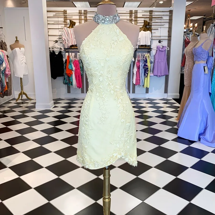 Sheath Jewel Knee Length Homecoming Dress 2019 Light Sky Blue Lace Hoco Gowns 2k19 Beaded High Neck Sexy Back Light Yellow Cocktail Party From 70 45 DHgate