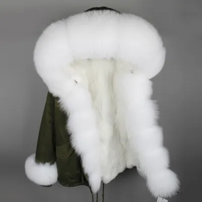 Vit Fox Furs Maomaokong Märke Tjej Snörockar Vit Räv och Rabbit Pur Threshold Trim Rabbit Fur Foder Grå Mini Parkas Tyskland Frankrike