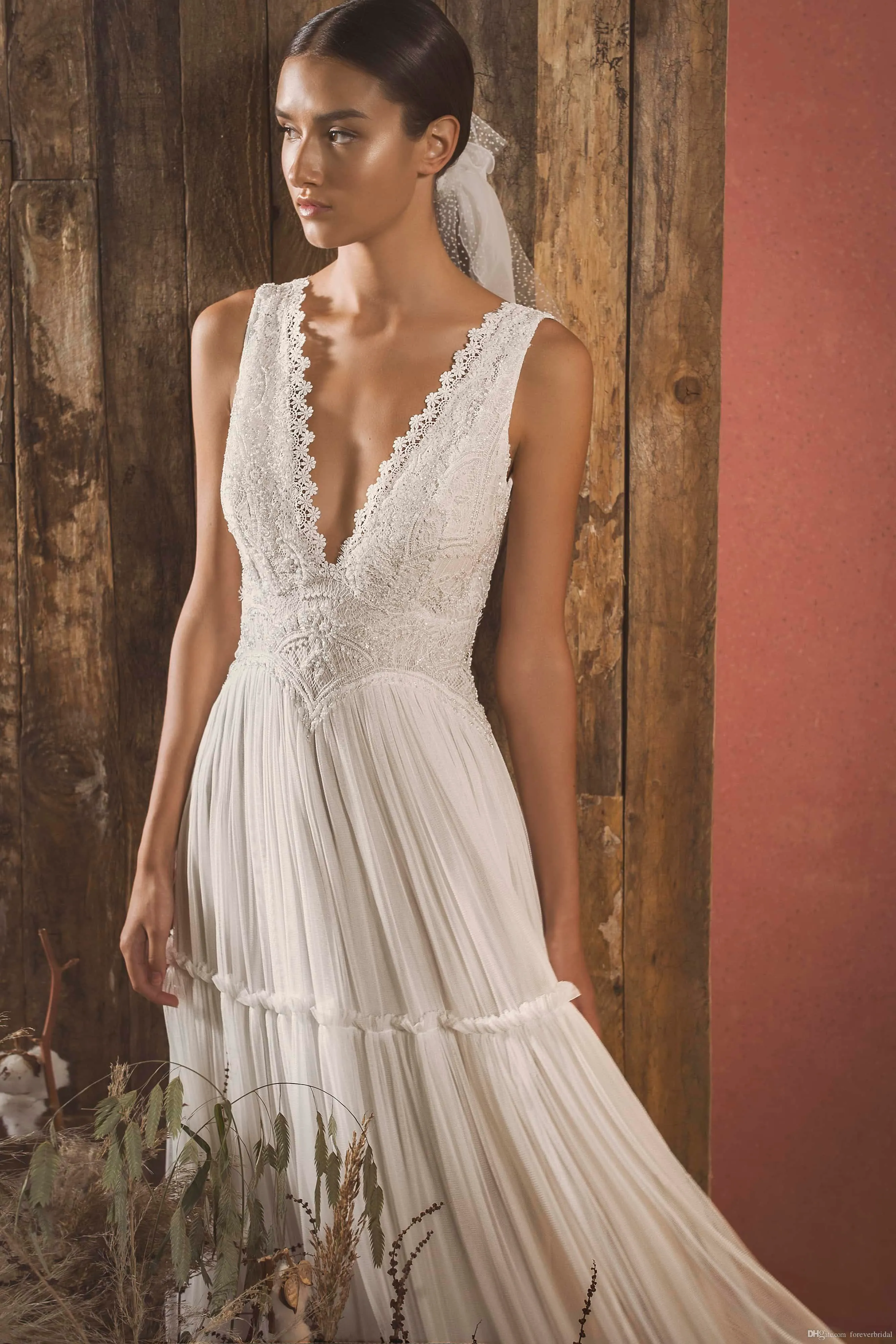 Vintage A-Line V-Neck Lace Appliqued Chiffon Bridal Gown with Tiered  Ruffles Floor-Length from Dhgate A-Line Wedding Dresses - price 89.45
