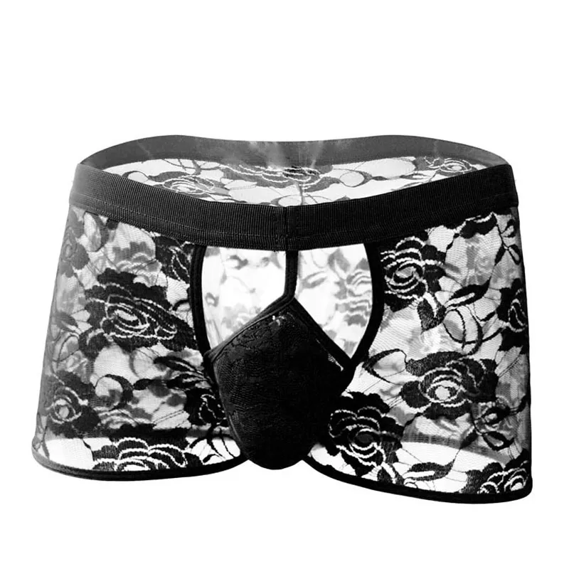 Mens Floral Lace Boxer Lace Shorts With Hollow Out Pouch And