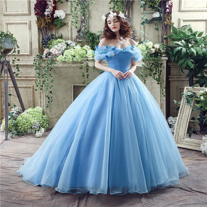 Cinderella Ocean Blue Prom Dresses 2018 Ball Gown Charmeuse Butterfly  Off-The-Shoulder Backless Sleeveless Cathedral Train Formal Dresses