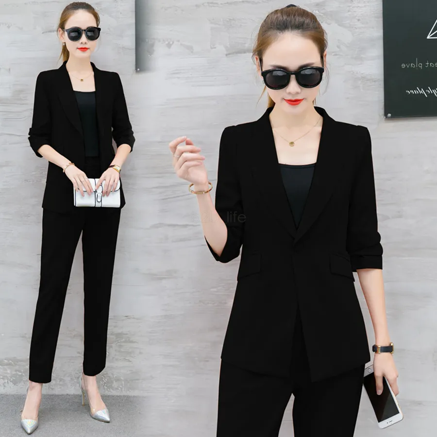 Office Lady Business Pak Effen Kleur 2 Stuks Set Dames Pak Blazer Coat Pants Jacket and Broek Suits Ljja2639-11