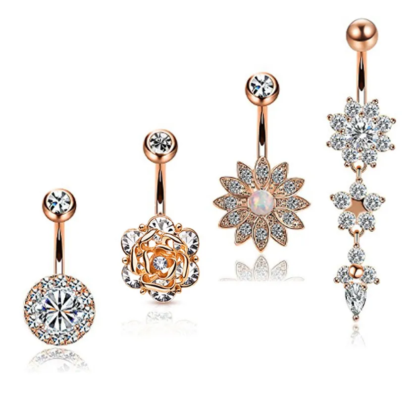 4pcs/set Wasit Belly Flower Crystal Body Biżuteria stali nierdzewna krysztonowy pępek buton pierścień Dangle Pierścienie dla kobiet Prezent