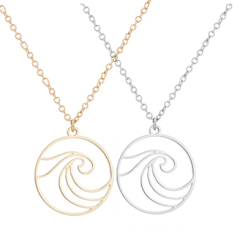 Wholesale 10pc/lot Big Wave Stainless Steel Pendant Necklace Simple Round Sporty Necklaces Women Girls Men Nautical Memorial Jewelry SN272