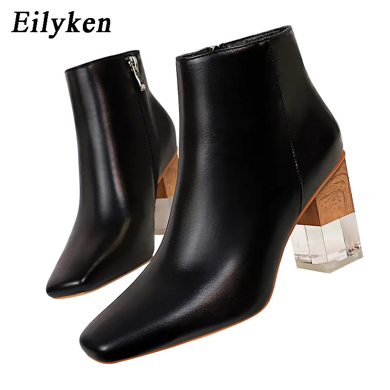 Hot Sale-2019 Nieuwe Winter Western Dames Laarzen Vierkante Teen Rits Mode Crystal High Heels Enkellaars Dames Schoenen