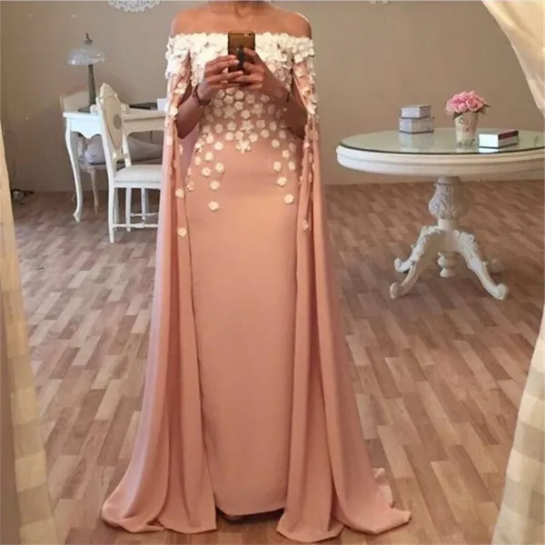 Outono 2019 Vestidos de noite de estilo árabe bonito vestidos fora do decote de ombro Vestidos de café Marroquino Vestidos de moda Floral 3D Appliqued Chiffon