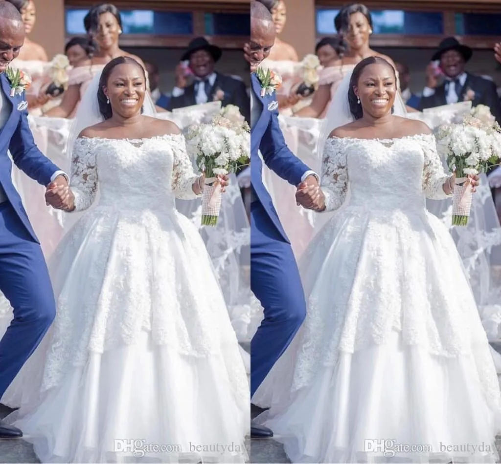 Recién llegado africano, vestidos De encaje acampanados De talla grande para niñas negras, vestido De novia De manga larga con cuello Beatu, vestidos De novia, bata De Marie