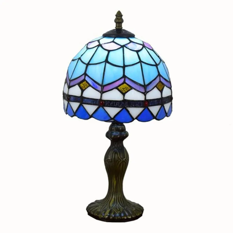 European Tiffany Stained Glass Table Lampor Enkelt ljus Blå Vardagsrum Sovrum Sängbordslampa TF002