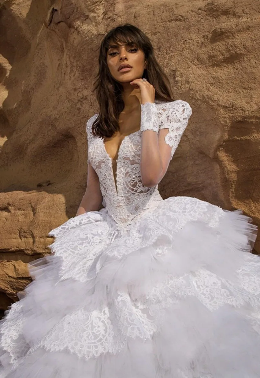 Full Lace Ruffle Wedding Dress With Tiered Skirt, Long Sleeves