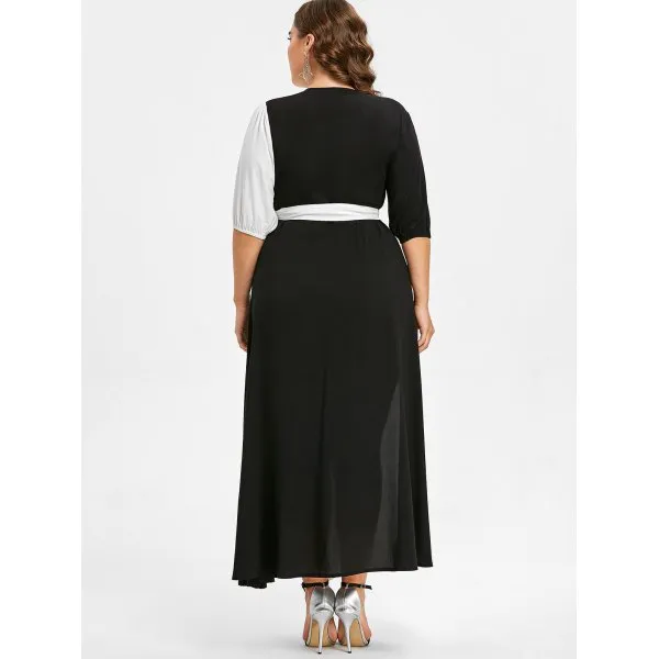 Plus Size Black and White A-Line deep v Formal dress with V-Neck, Side Split, Ankle Length, Chiffon Fabric, and Half Sleeves - Perfect for Formal