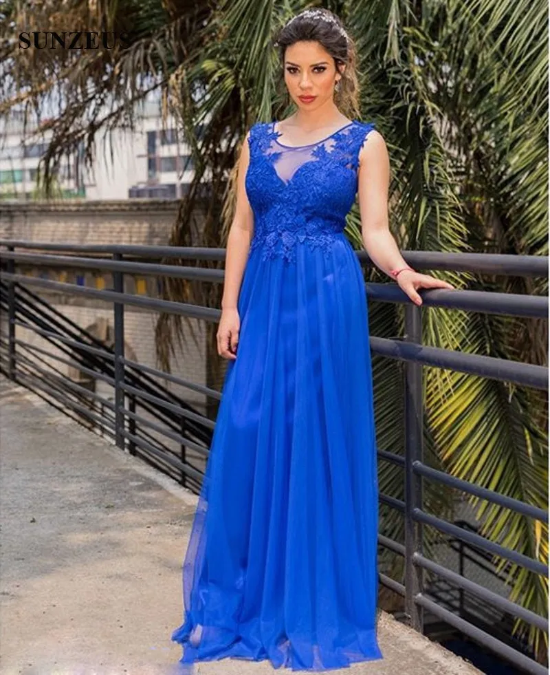 Abito da damigella d'onore Royal Blue Tulle Abiti da festa di nozze da donna con applicazioni Canotta a trapezio Abiti da cerimonia lunghi ed eleganti