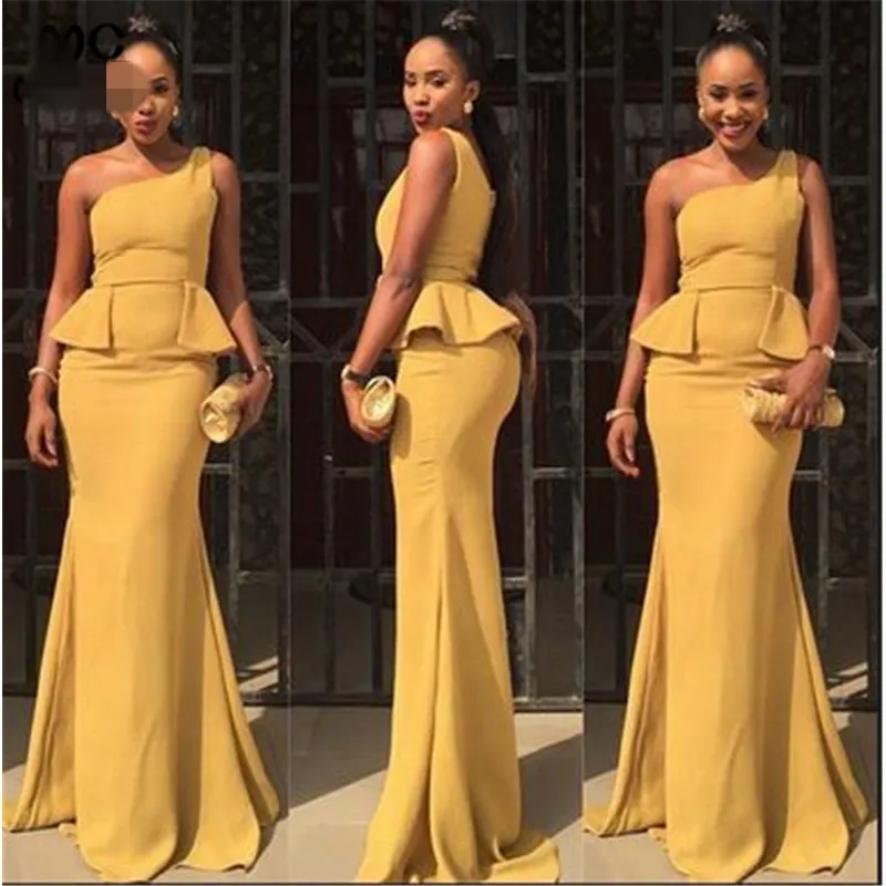 Sexy Yellow One Shoulder African Bridesmaid Dresses 2019 Peplum Backless Sheath Wedding Guest Dress Formal Maid Of Honor Gowns Vestidos De