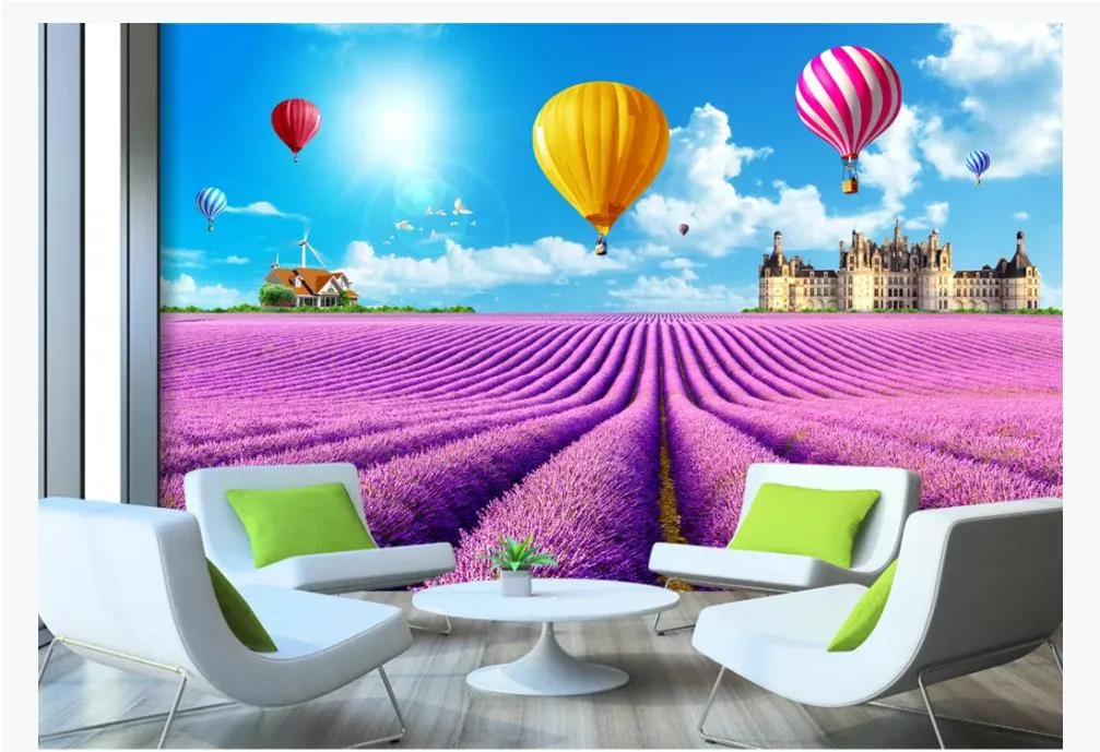 3D customized large photo mural wallpaper Blue sky white clouds hot air balloon lavender flower sea castle TV sofa background wall