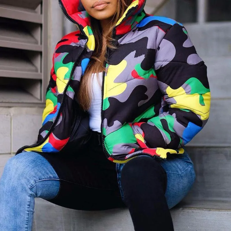 Women Men Winter Turtleneck Down Coat Colorful Camouflage Printed Puffer Jacket Warm Thicken Padded Full Zipper Outwear From 21 95 DHgate