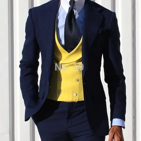High Quality One Button Navy Blue Groom Tuxedos Notch Lapel Men Suits Wedding/Prom/Dinner Best Man Blazer (Jacket+Pants+Vest+Tie) W402