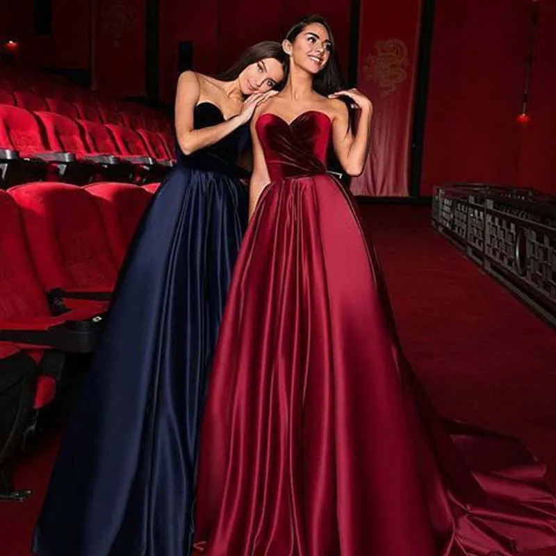 2019 New Arrival Long Prom Dresses Velvet Top Sweetheart Neck Sleeveless Satin Skirt Navy Blue Burgundy Evening Party Gowns Formal Wear