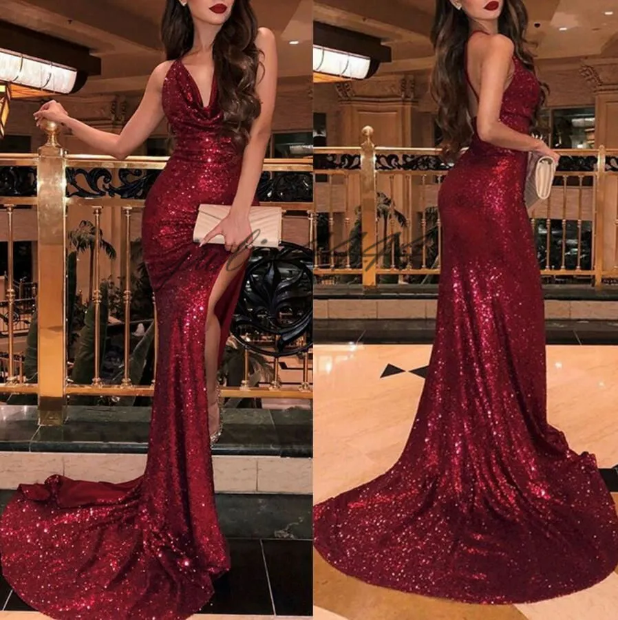 Mörk röd ärmlös sida split aftonklänningar Sequined Spaghetti Neck Formal Kvinnor Holiday Wear Celebrity Party Gowns Plus Size Custom Made