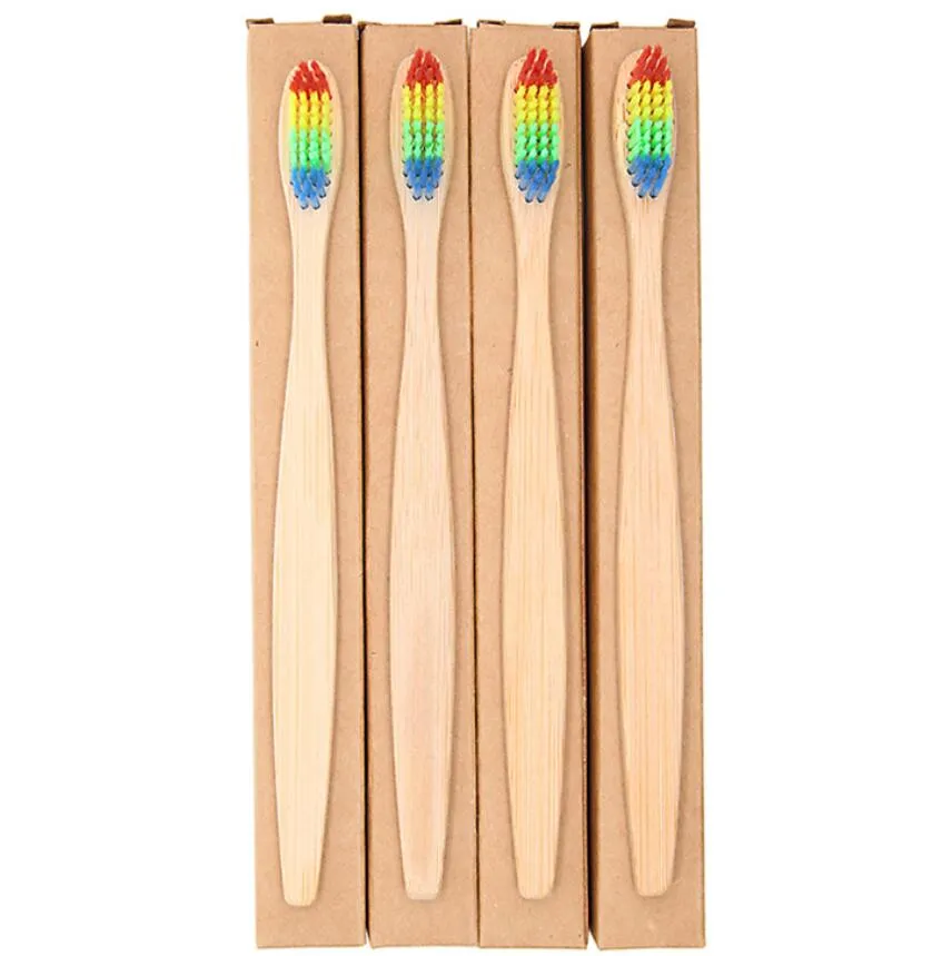Renkli Kafa Bambu Diş Fırçası Toptan Çevre Ahşap Gökkuşağı Bambu Diş Fırçası Ağız Bakımı Yumuşak Kıl kutusu ile ücretsiz gemi