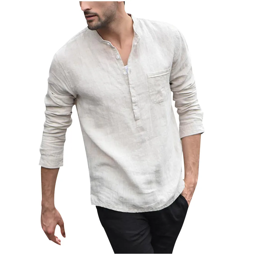 New Men Vintage White Shirt Button Linen Shirts Men Long Sleeve Retro Gentleman Tops Blouse Moda Masculina Camicia Uomo #W