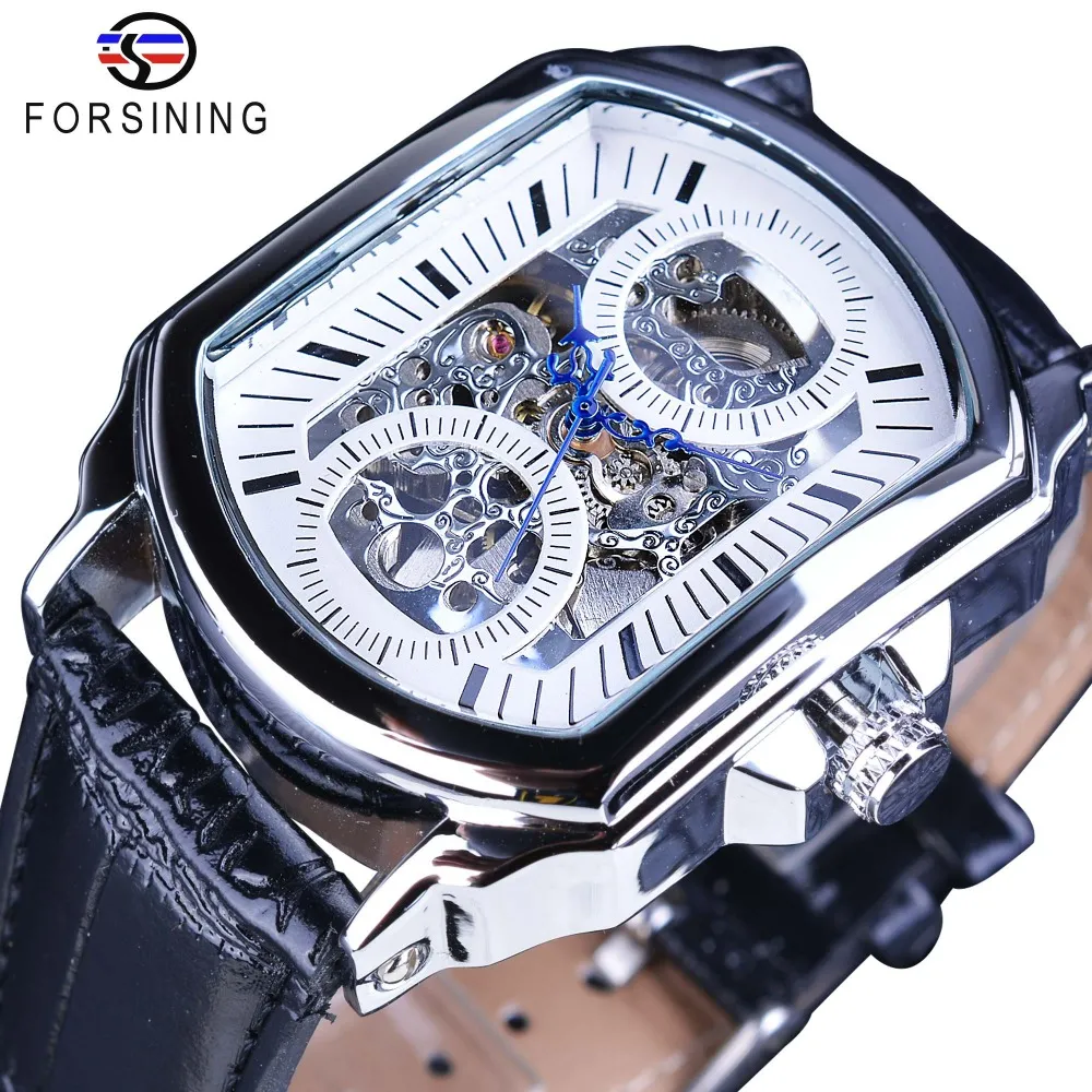 Forsining Retro classico quadrante bianco lancette blu orologio da polso scheletro automatico trasparente orologi meccanici da uomo Top Brand di lusso