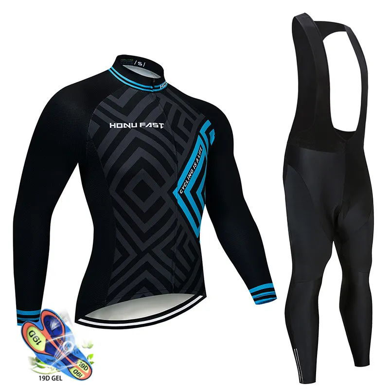 2019 남자 사이클링 저지 긴 소매 세트 자전거 의류 Maillot Ropa Ciclismo Hombre 자전거 착용 19D 젤 Bib 바지 Roupa Ciclismo