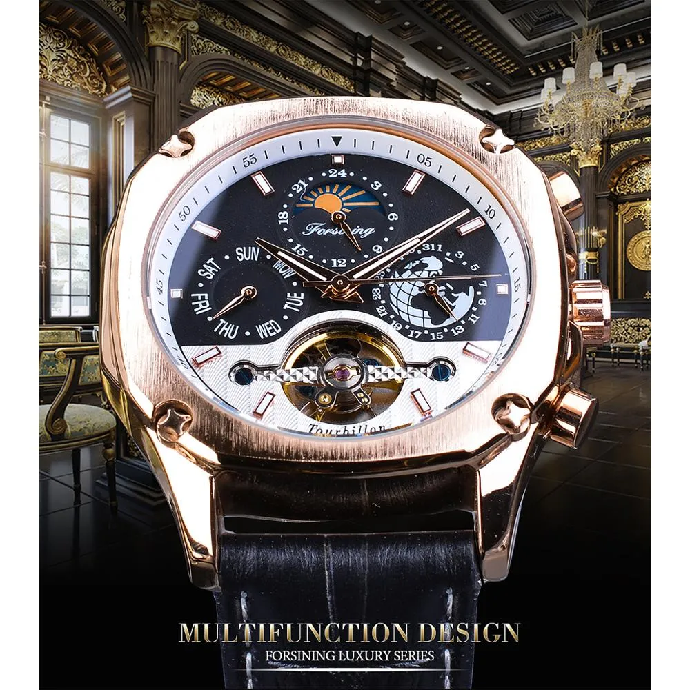 Zrezygnowanie z luksusowych złotych mechanicznych zegarków męskich Square Automatyczne księżycowe Tourbillon data oryginalnego skórzanego zespołu zegarowy prezent247l