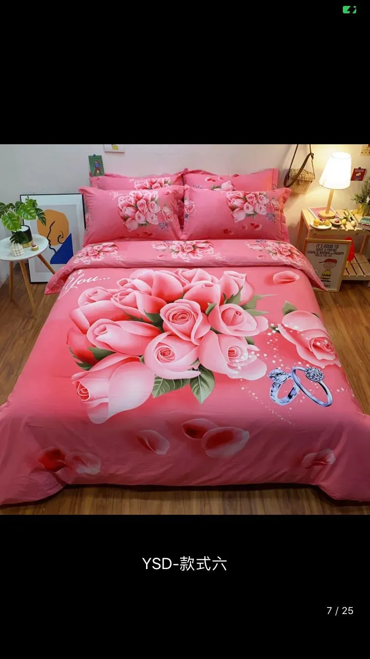 100 Bomull 3d Flower Pink Floral Rose Bedding Set Olja Utskrift Solros Duvet Cover Flat Sheet Pillowcases / Twin Full Queen King Size